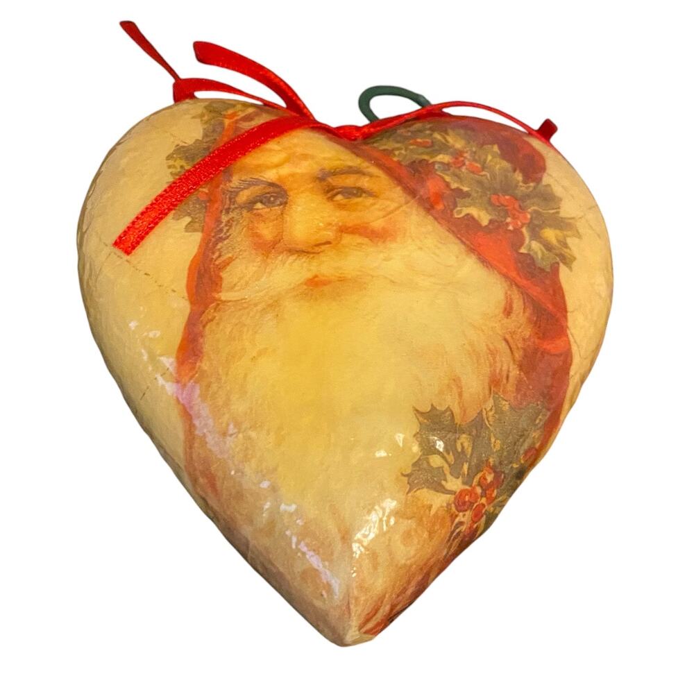 VTG Midwest Importers Country Paper Mache Decoupage Heart Shaped Santa Ornament